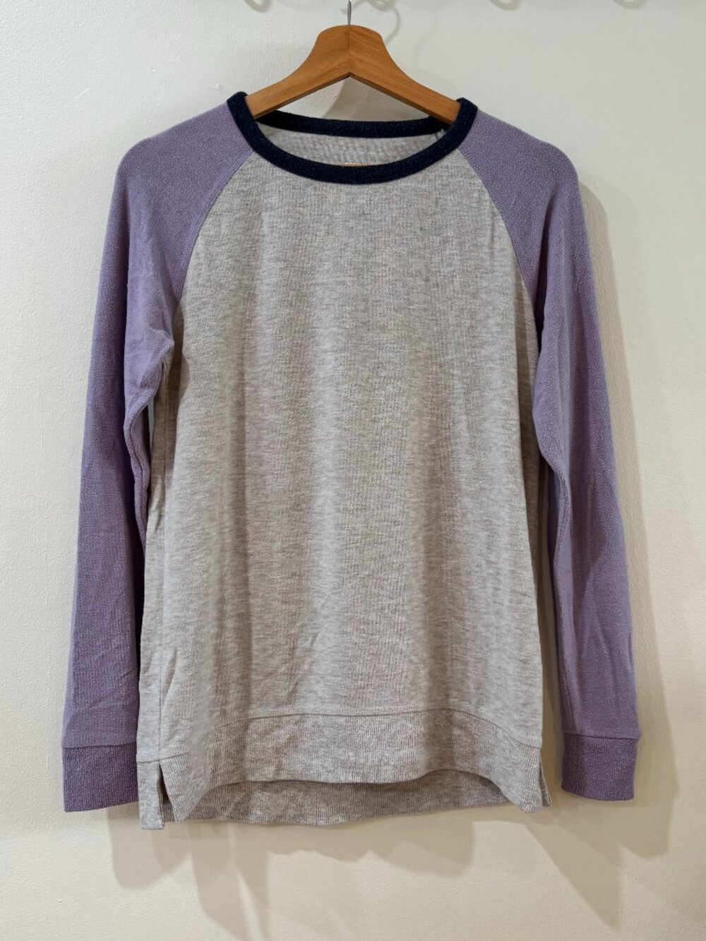 Grey Lavender Blue Colorblock Raglan Knit Long Sleeve Loungewear Casual Shirt